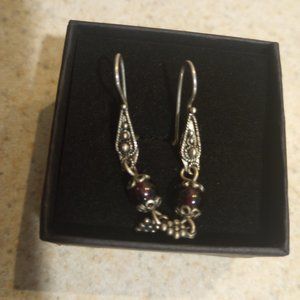 Vintage Sterling Silver 925 Drop Earrings Garnet Beautifully Detailed Earrings